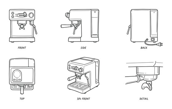 Espresso Machine Technical Drawing Six Views: Front, Side, Back, Top, 3/4 Front, and Detail