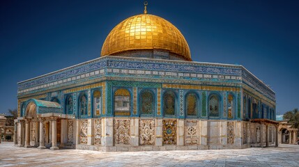 Obraz premium Ornate religious shrine featuring a prominent golden dome against a deep blue sky