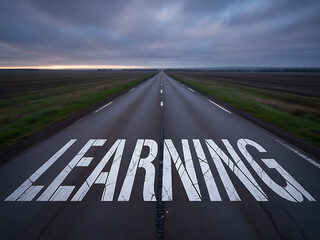 Learning path forward on a straight road stretching into the horizon under a cloudy sky