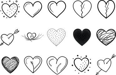 Collection of various hand drawn heart shapes and symbols