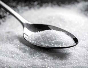 Close-up of spoon holding granulated white sweetener with pile
