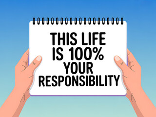 This life is 100% your responsibility message on a white notebook held by hands against a blue sky background.