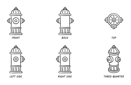 Fire Hydrant Views Diagram Outline: Front, Back, Top, Sides, Three-Quarter