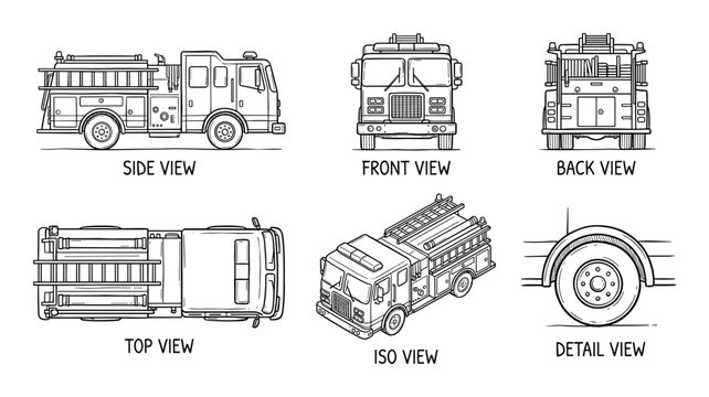 Fire Engine Truck Schematics Views Detailed Black and White Line Art
