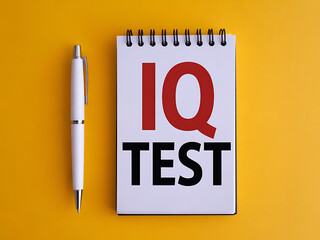 Intelligence quotient test concept with notebook and pen on vibrant yellow background
