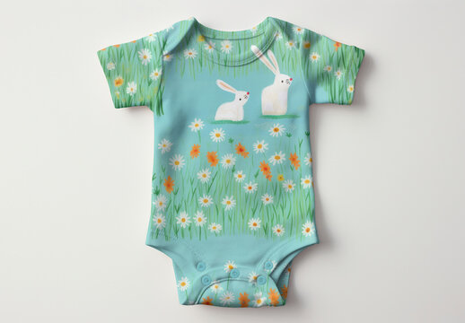 Cute Baby Onesie Mockup With Rabbits PSD