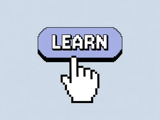 A retro pixelated hand cursor points directly at the learn button, symbolizing online education and e-learning.