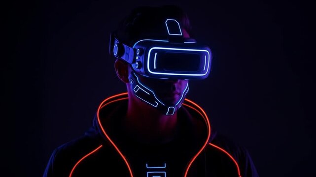 Person in dark wearing futuristic glowing VR headset and neon-lined jacket. Cyberpunk