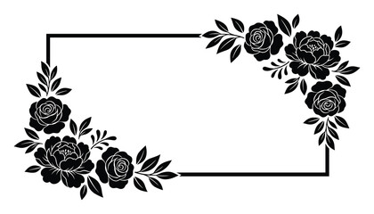 Floral Frame Border with Roses and Leaves, Rectangular Black and White Design