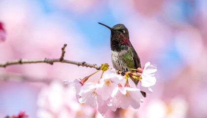 Naklejka premium A tiny, iridescent bird perches on a branch adorned with delicate, light pink blossoms, against a blurred sky