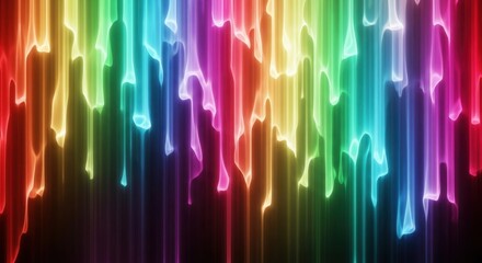 Abstract background of vibrant, glowing neon light streaks dripping vertically in a full spectrum rainbow pattern