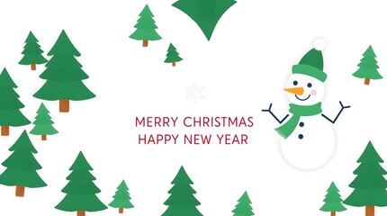 Christmas & New Year Greeting Card with Snowman, Pine Trees & Red Text on White Background