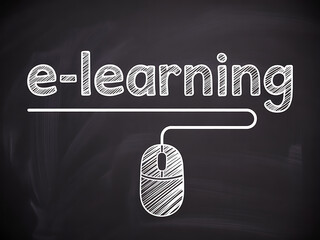 E-learning concept illustration on a chalkboard with a computer mouse icon