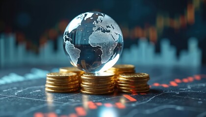 Glass globe rests on stacks of gold coins. Financial data graphs and charts are visible in the background. Represents global economy and investment.