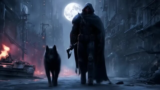 Hooded figure walks with wolf at night in a desolate urban landscape