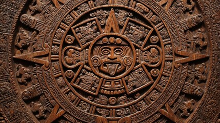 Naklejka premium Detailed wooden carving displays sun calendar with rich symbols and craftsmanship showcasing history.