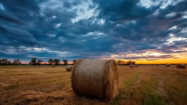 Hay bales in field at sunset golden hour landscape