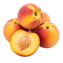 Fresh peaches stacked with one cut open showing juicy interior and pit.