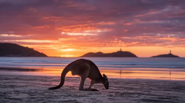 Kangaroo on beach at sunset with ocean and islands silhouette