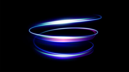 Vector illustration of dynamic, glowing spiral in vibrant neon colors (blue, purple, pink) on checkered grid. Retrofuturistic aesthetic of synthwave, outrun, and 80s retro gaming. Light spiral element