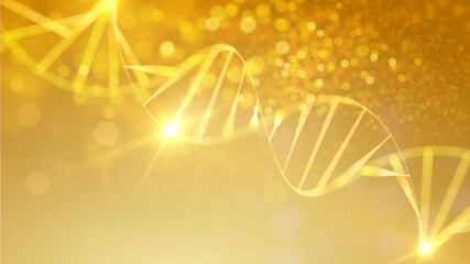 Golden DNA strand with collagen molecules glowing particles. Advanced skincare genetics biotechnology and anti-aging science concept. Luxury cosmetic medical research background.