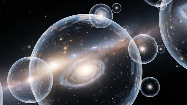 An abstract visualization of the multiverse theory with many bubble universes floating in dark space with bright stars inside. 4k video