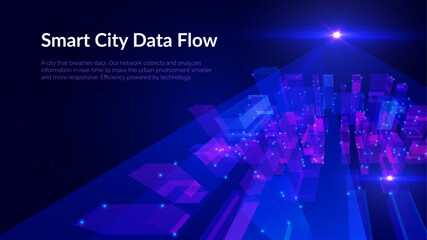 Blue violet futuristic cityscape with big data network flows vector background. Digital transformation metropolis skyline with data particles for technology presentations and fintech visualizations.