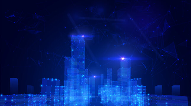 Blue violet futuristic cityscape with big data network flows vector background. Digital transformation metropolis skyline with data particles for technology presentations and fintech visualizations.