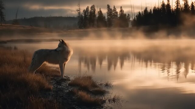 Lone wolf observes lake at sunrise with forest backdrop