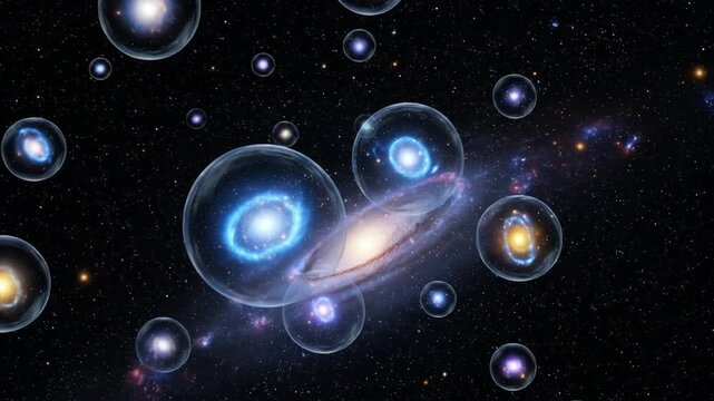 An abstract visualization of the multiverse theory with many bubble universes floating in dark space with bright stars inside. 4k video