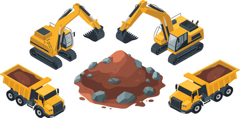 Isometric construction machinery set with excavators, dump trucks, and soil pile, illustrating heavy equipment, earthmoving operations, and building site work © VectoBloom