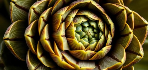 Obraz premium Close-up of artichoke's spiraling, overlapping bracts revealing Fibonacci sequence, design element, art