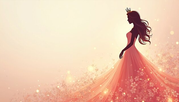 Silhouette of elegant woman in ball gown wearing crown. Fantasy scene with sparkle, soft focus flowers, and copy space. Represents beauty pageant, success, or fairy tale.