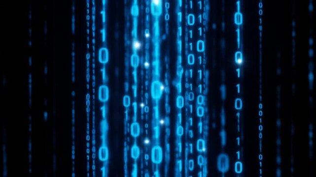 Vibrant blue binary digits cascade downwards on a dark backdrop, forming a futuristic digital stream