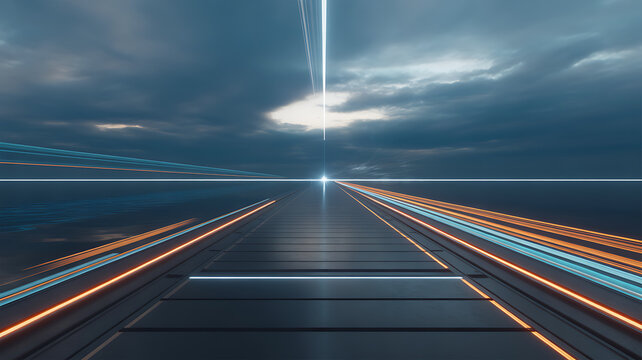 Futuristic perspective with glowing lines under cloudy skies, digital abstract art showing speed and technology, high speed data transfer and connectivity - Powered by Adobe