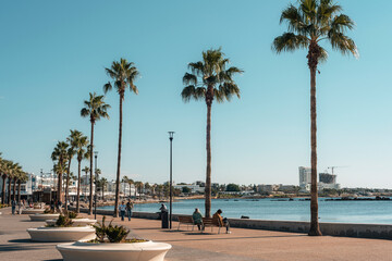 Paphos Cyprus - 13 December 2025: Palm tree promenade along seaside with people walking and resting. Sunny coastal city waterfront with clear blue sky in Paphos