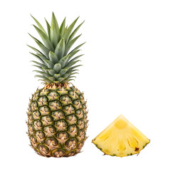 Fresh Pineapple Fruit with Green Leaves and Sliced Wedge Isolated on White Background