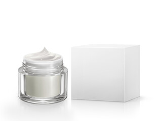 A cosmetic bottle with the lid open and a white cardboard box are placed PNG transparent.