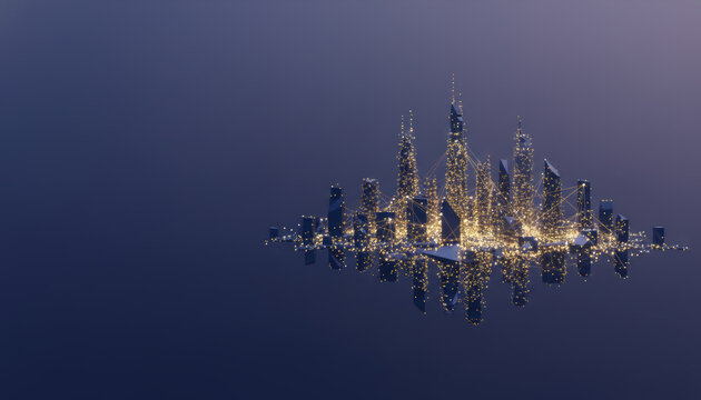 Futuristic smart city with a glowing global network connection. An abstract floating cityscape at night representing data, technology, virtual communication, and the internet. - Powered by Adobe