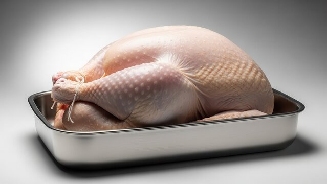Raw whole turkey trussed and ready for roasting in a metal baking pan
