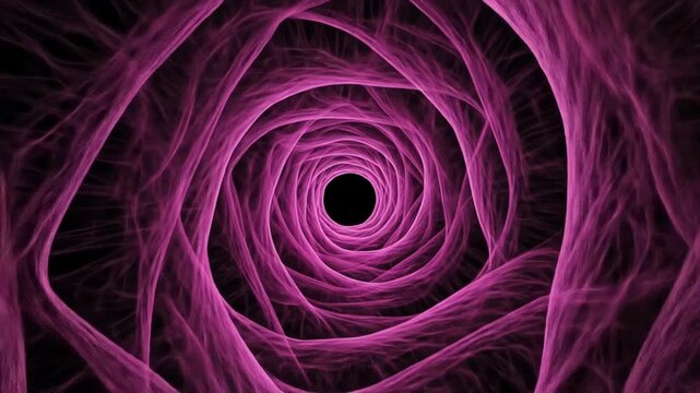 Abstract pink wireframe tunnel with swirling patterns and black background. 4k video