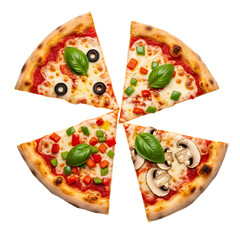 Sliced Pizza with Various Toppings on White Background