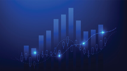 financial market and business investment. bar chart graphic and candlesticks with indicator on blue background 