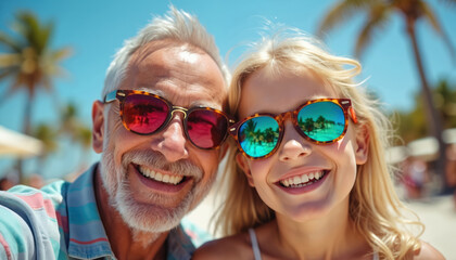 Elderly man and young girl smile wide wearing sunglasses on beach. They enjoy sunny summer vacation together, reflecting palm trees and sky in lenses. Happy family bond.