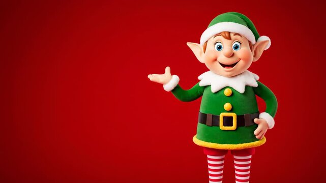 A cheerful cartoon elf dressed in a green suit with a red and white striped costume, wearing a Santa hat and closed eyes, with a red background, A cute festive elf character ready for Christmas, with 