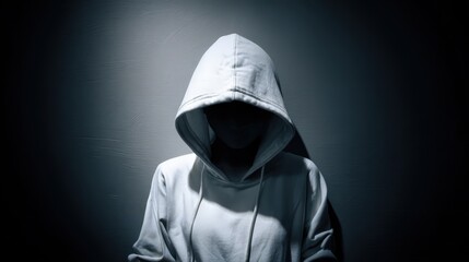 Figure wearing a hooded garment stands illuminated against a dark background