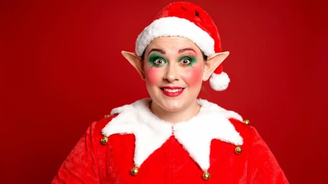 Playful Christmas Elf with Festive Makeup and Santa Hat Smiling Mischievously, Vibrant Red Background, Ideal for Holiday Content