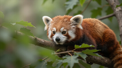 Obraz premium Adorable Red Panda Resting Peacefully on a Tree Branch in a Lush Green Forest Canopy