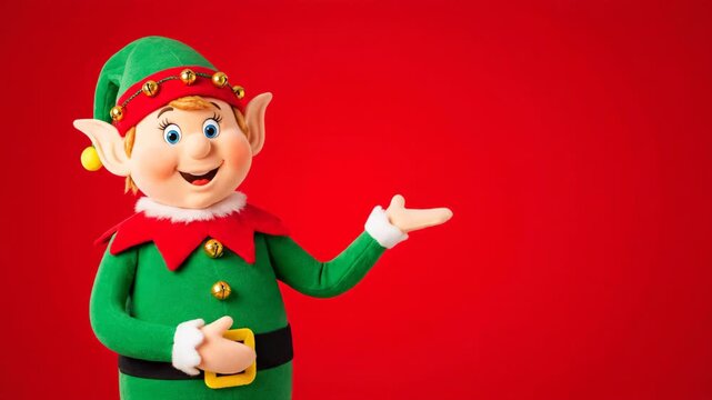 A jolly Christmas elf in a green suit and hat with bells gestures warmly against a vibrant red background, a festive holiday character ready for seasonal promotions