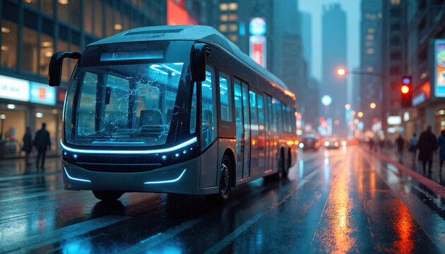 Modern electric bus drives on wet city street at night. Futuristic vehicle lights reflect on wet asphalt road. Passengers walk by illuminated buildings.